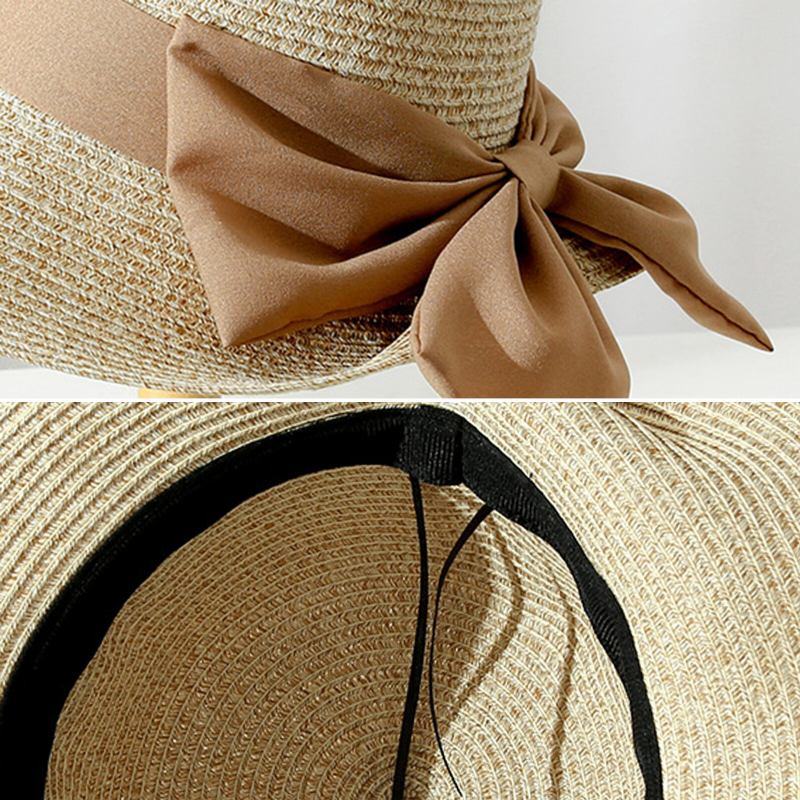 Kvinder Halm Fritidsferie Alsidig Åndbar Skygge Big Bow Straw Huer Tour Beach Bucket Cap