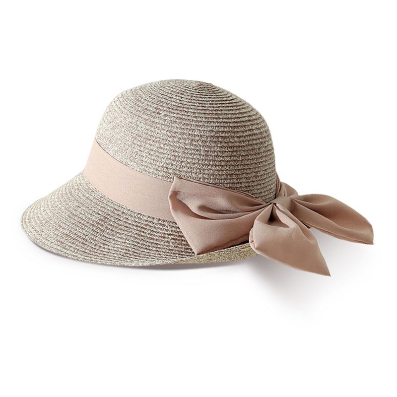 Kvinder Halm Fritidsferie Alsidig Åndbar Skygge Big Bow Straw Huer Tour Beach Bucket Cap