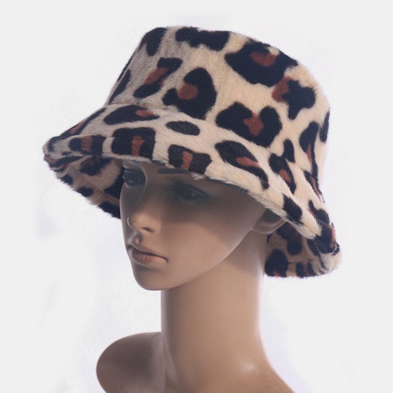 Kvinder Kaninhår Leopardmønster Casual Varm All-match Bucket Hat