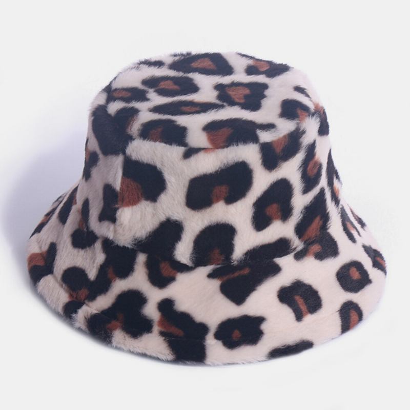 Kvinder Kaninhår Leopardmønster Casual Varm All-match Bucket Hat