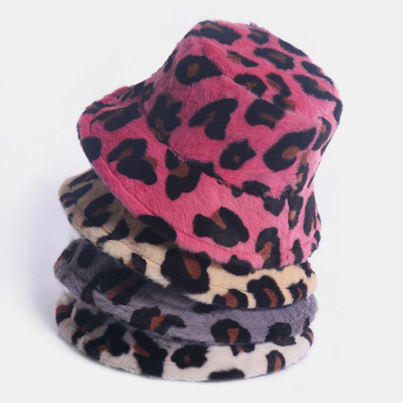 Kvinder Kaninhår Leopardmønster Casual Varm All-match Bucket Hat