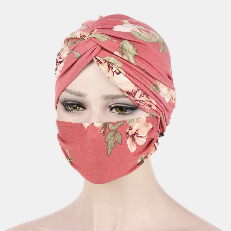 Kvinder Knyttet Beanie Huer Mask Sæt Polyester Blomsterblade Tie-dye Leopard Mønster Print Anti-kvæle Knap Åndbar Turban Hat