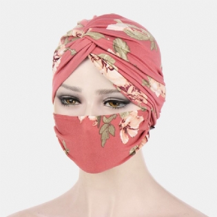 Kvinder Knyttet Beanie Huer Mask Sæt Polyester Blomsterblade Tie-dye Leopard Mønster Print Anti-kvæle Knap Åndbar Turban Hat