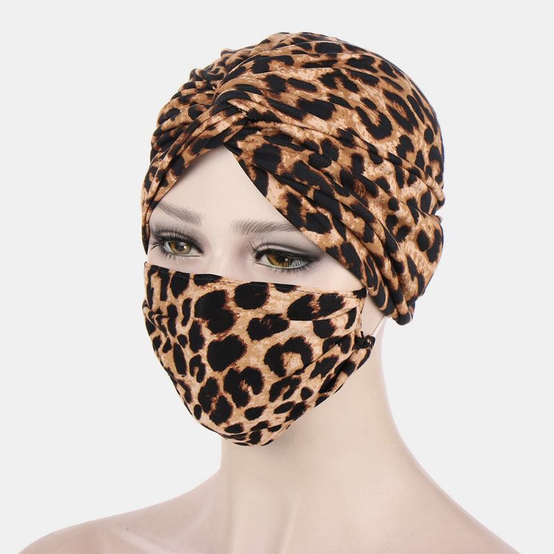 Kvinder Knyttet Beanie Huer Mask Sæt Polyester Blomsterblade Tie-dye Leopard Mønster Print Anti-kvæle Knap Åndbar Turban Hat