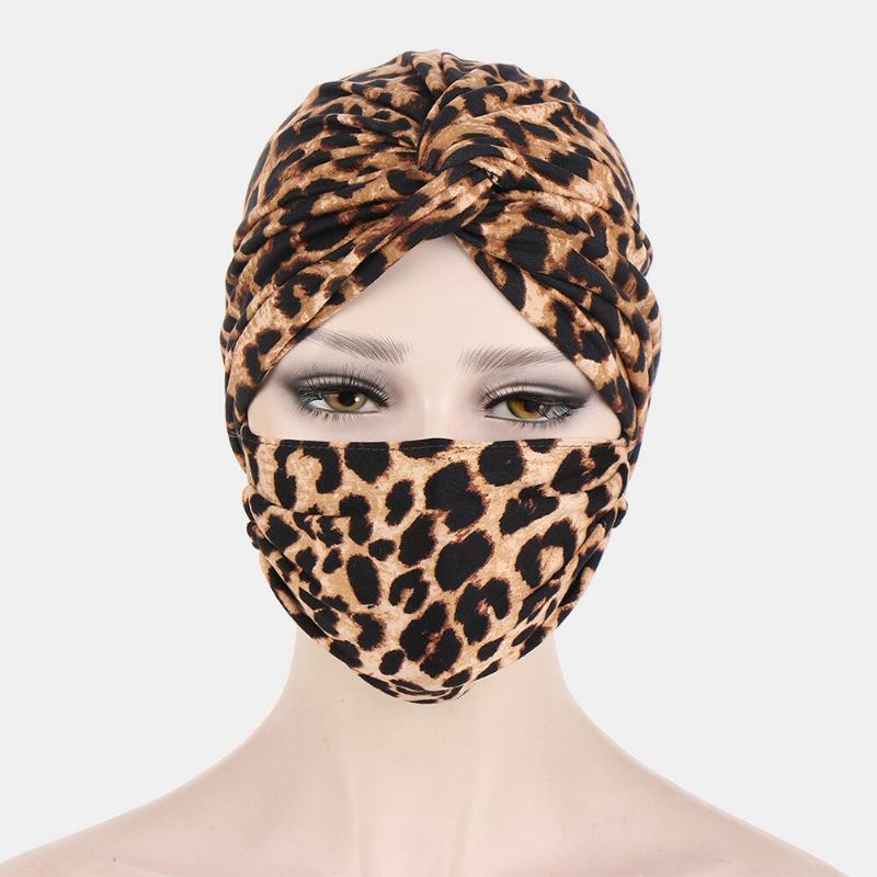 Kvinder Knyttet Beanie Huer Mask Sæt Polyester Blomsterblade Tie-dye Leopard Mønster Print Anti-kvæle Knap Åndbar Turban Hat