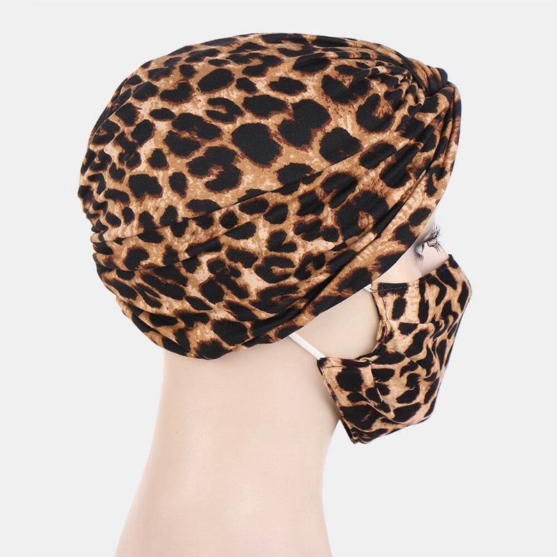 Kvinder Knyttet Beanie Huer Mask Sæt Polyester Blomsterblade Tie-dye Leopard Mønster Print Anti-kvæle Knap Åndbar Turban Hat