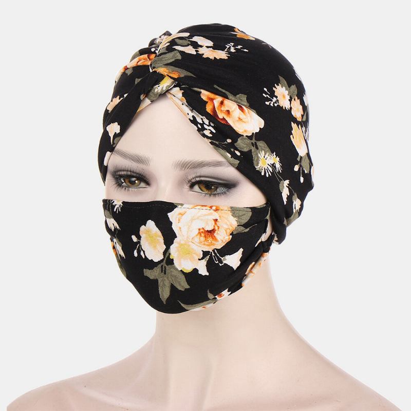 Kvinder Knyttet Beanie Huer Mask Sæt Polyester Blomsterblade Tie-dye Leopard Mønster Print Anti-kvæle Knap Åndbar Turban Hat