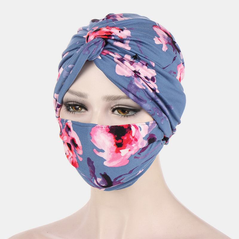 Kvinder Knyttet Beanie Huer Mask Sæt Polyester Blomsterblade Tie-dye Leopard Mønster Print Anti-kvæle Knap Åndbar Turban Hat