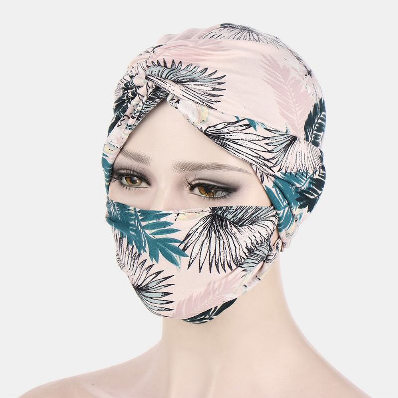 Kvinder Knyttet Beanie Huer Mask Sæt Polyester Blomsterblade Tie-dye Leopard Mønster Print Anti-kvæle Knap Åndbar Turban Hat