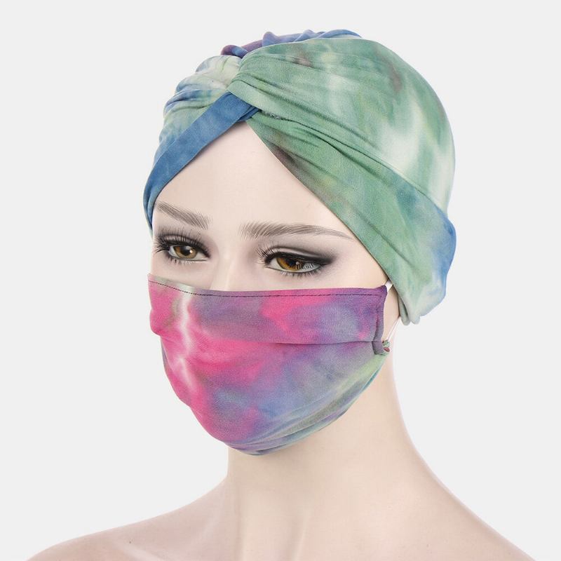 Kvinder Knyttet Beanie Huer Mask Sæt Polyester Blomsterblade Tie-dye Leopard Mønster Print Anti-kvæle Knap Åndbar Turban Hat