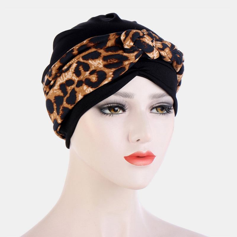 Kvinder Knyttet Flettet Beanie Huer Polyester Blomsterblade Leopardmønster Print Åndbar Turban Hat