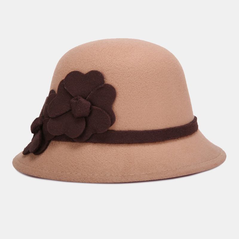 Kvinder Kunstig Uldkuppel Kortskygget Blomsterdekoration Filthat Spandhat Casual Efterår Vinter Varm Top Hat