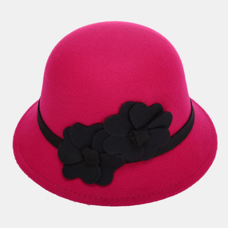 Kvinder Kunstig Uldkuppel Kortskygget Blomsterdekoration Filthat Spandhat Casual Efterår Vinter Varm Top Hat