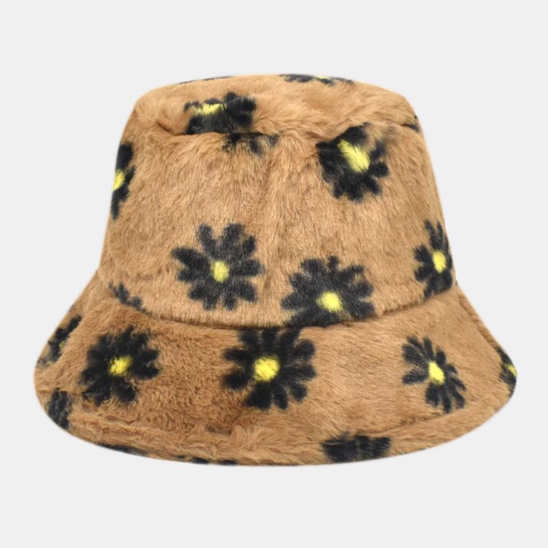 Kvinder Lammehår Blødt Varmt Plus Tykt Casual Alle Match Cute Daisy Blomstermønster Bucket Hat