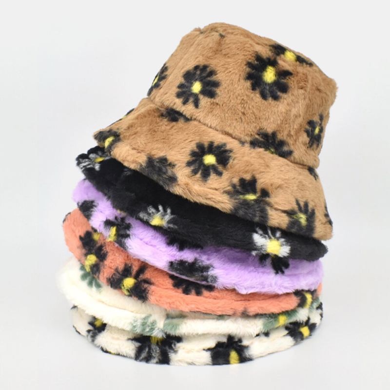 Kvinder Lammehår Blødt Varmt Plus Tykt Casual Alle Match Cute Daisy Blomstermønster Bucket Hat