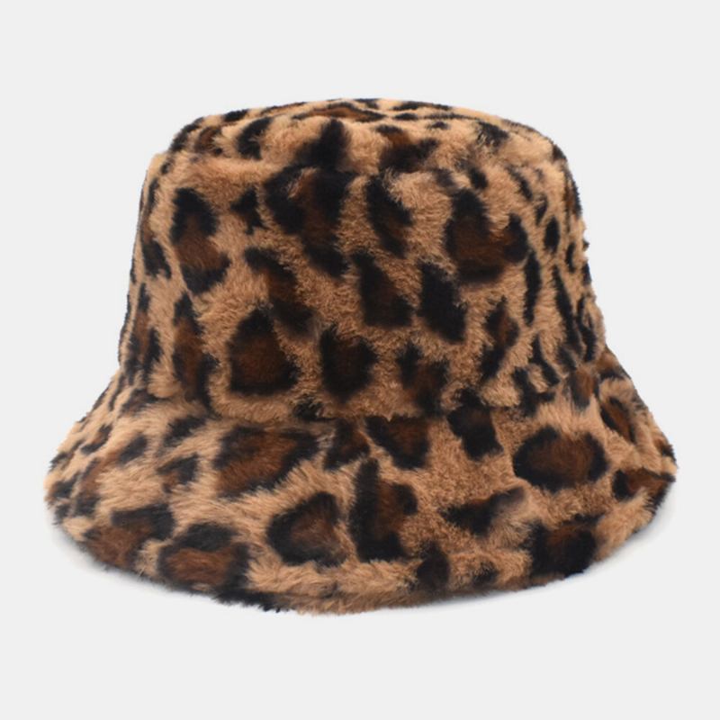 Kvinder Lammehår Varmt Blødt Leopardmønster Afslappet Personlighed Bucket Hat