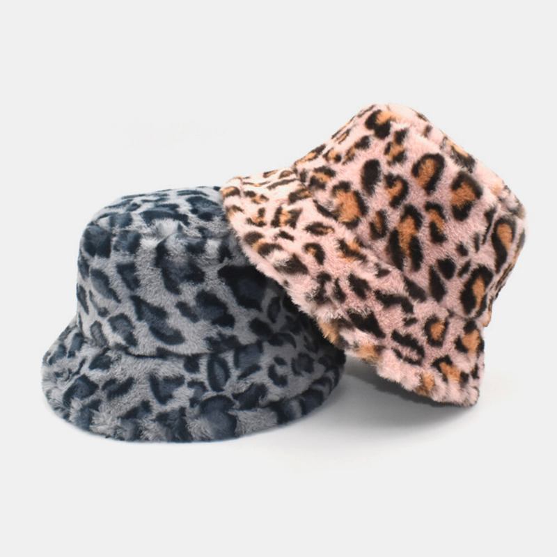 Kvinder Lammehår Varmt Blødt Leopardmønster Afslappet Personlighed Bucket Hat