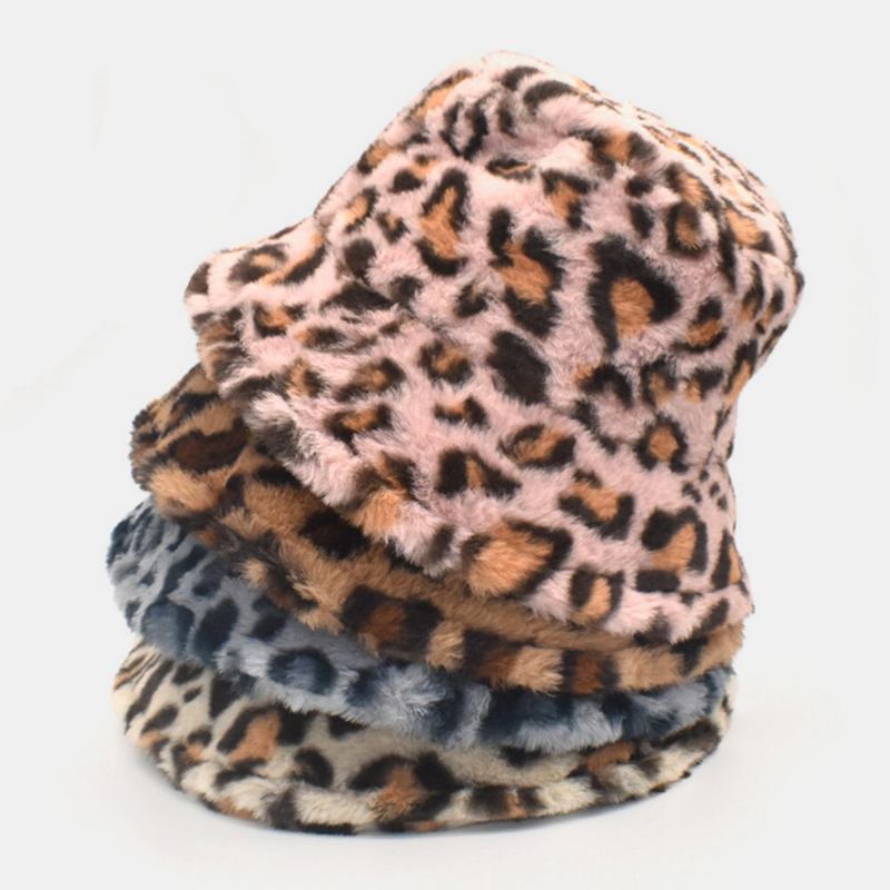 Kvinder Lammehår Varmt Blødt Leopardmønster Afslappet Personlighed Bucket Hat