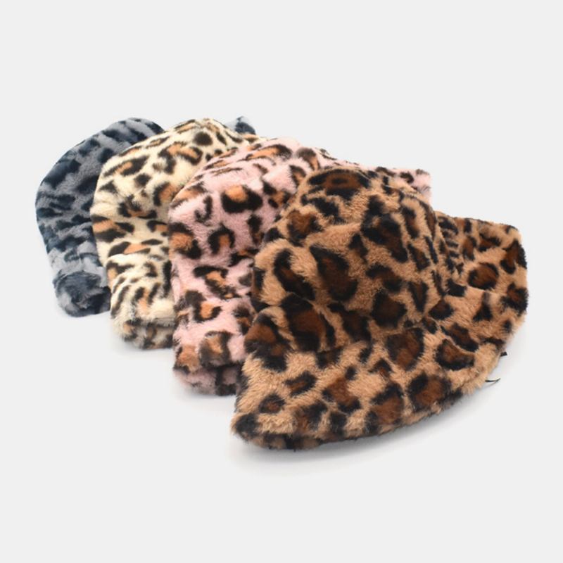 Kvinder Lammehår Varmt Blødt Leopardmønster Afslappet Personlighed Bucket Hat