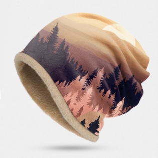 Kvinder Plus Velvet Mountain Treetop Print Mønster Blød Personlighed Åndbar Turban Kasket Beanie