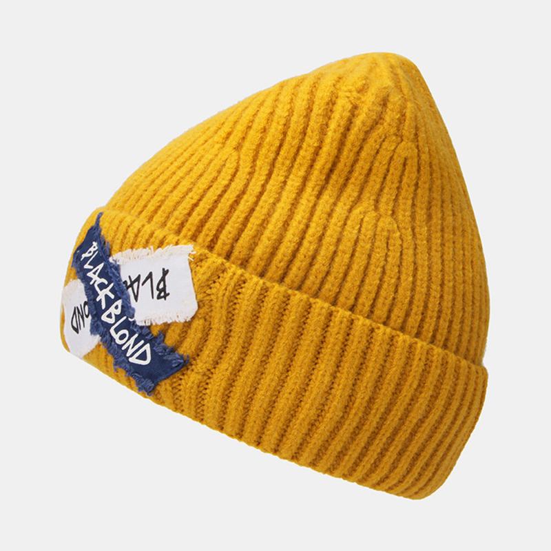 Kvinder Strikket Ensfarvet Bogstav Rå Kant Patch Flanging All-match Warm Beanie Hat