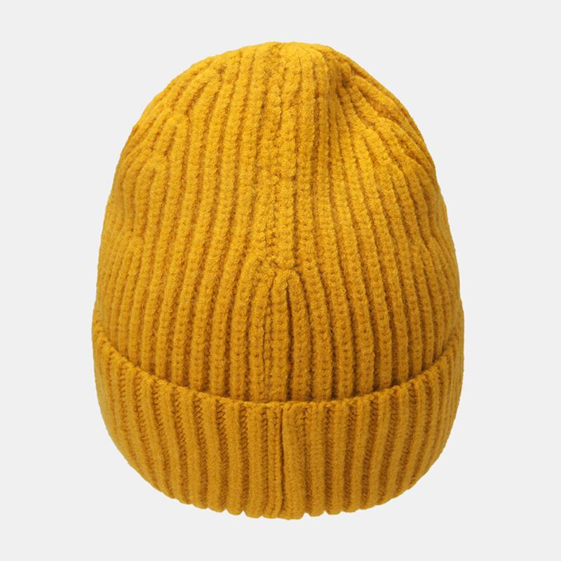 Kvinder Strikket Ensfarvet Bogstav Rå Kant Patch Flanging All-match Warm Beanie Hat