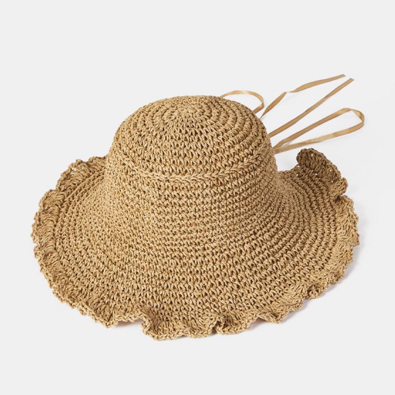 Kvinder Svamp Kant Rygåbning Bowknot Stråhat Sommer Solbeskyttelse Bucket Hat