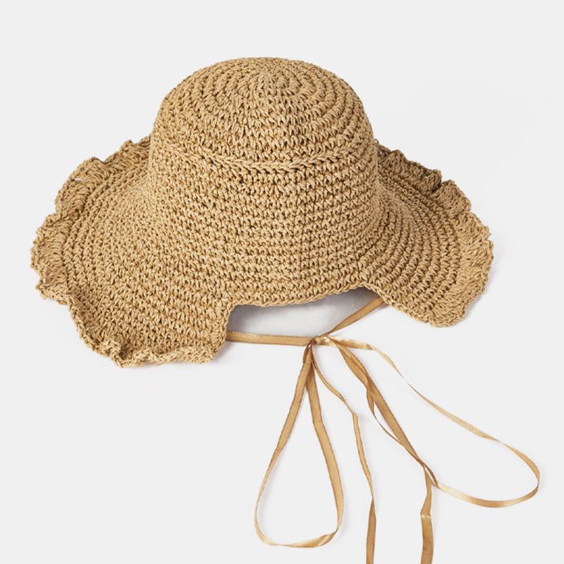 Kvinder Svamp Kant Rygåbning Bowknot Stråhat Sommer Solbeskyttelse Bucket Hat