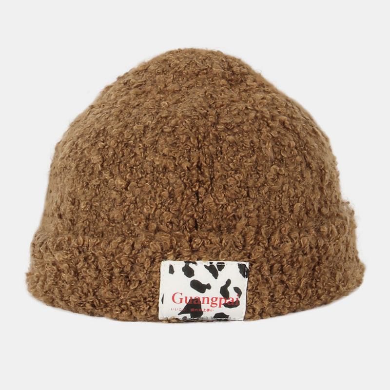 Kvinder Teddy Fløjl Ensfarvet Ko-mønster Brev Stof Label Varme Beanie Hat