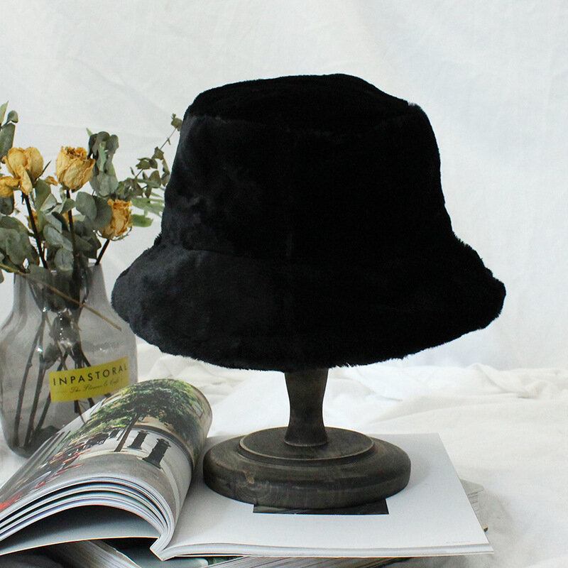 Kvinder Tyk Varm Vinter Bucket Huer Ensfarvet Piger Flad Top Velvet Fedoras Dame Plys Bob