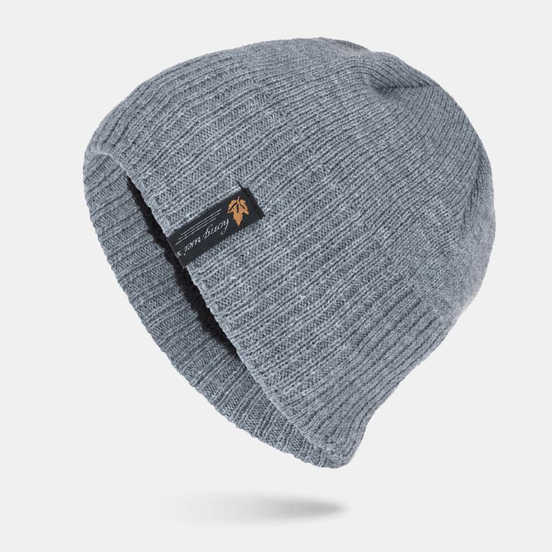 Mænd Akryl Plus Velvet Strikket Kasket Blad Brev Mønster Patch Vinter Udendørs Varme Beanie Hat