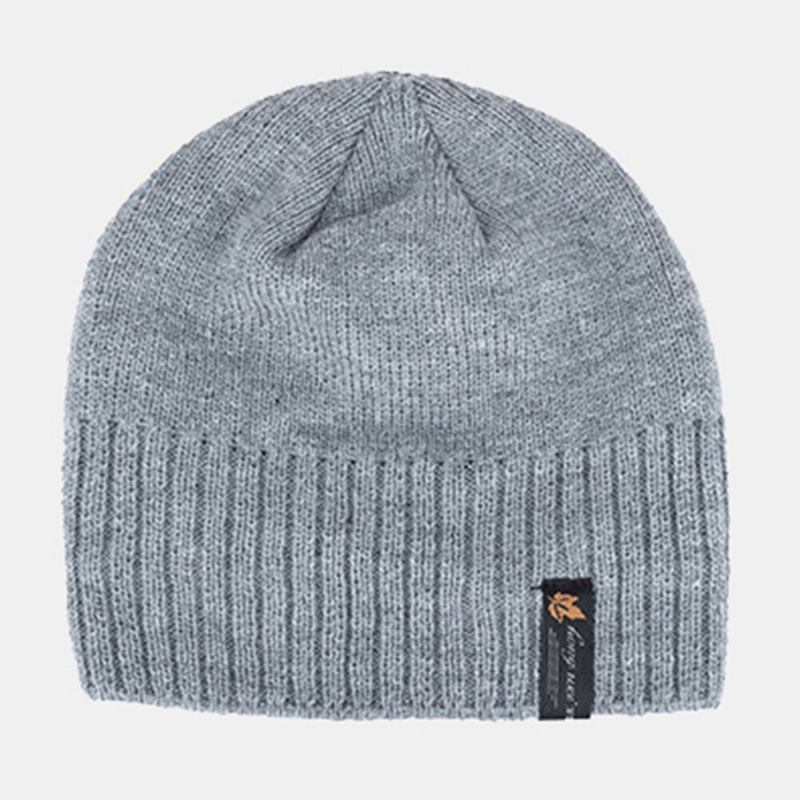 Mænd Akryl Plus Velvet Strikket Kasket Blad Brev Mønster Patch Vinter Udendørs Varme Beanie Hat