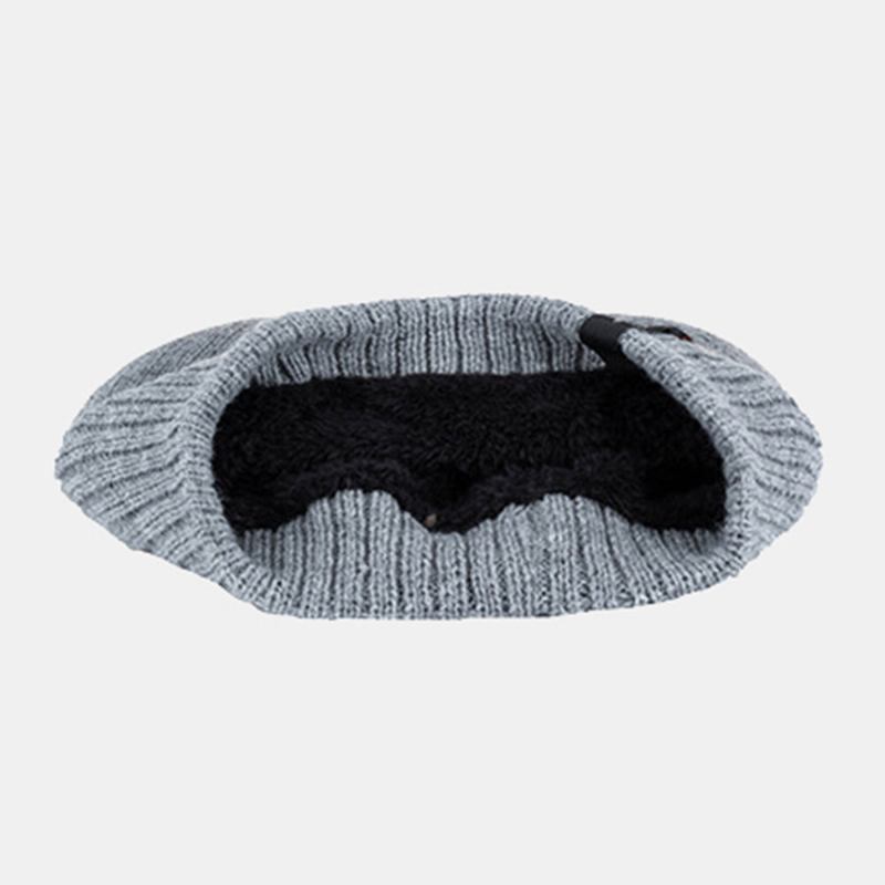 Mænd Akryl Plus Velvet Strikket Kasket Blad Brev Mønster Patch Vinter Udendørs Varme Beanie Hat