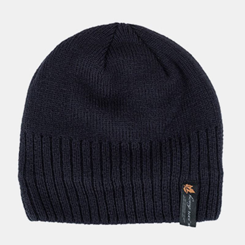 Mænd Akryl Plus Velvet Strikket Kasket Blad Brev Mønster Patch Vinter Udendørs Varme Beanie Hat