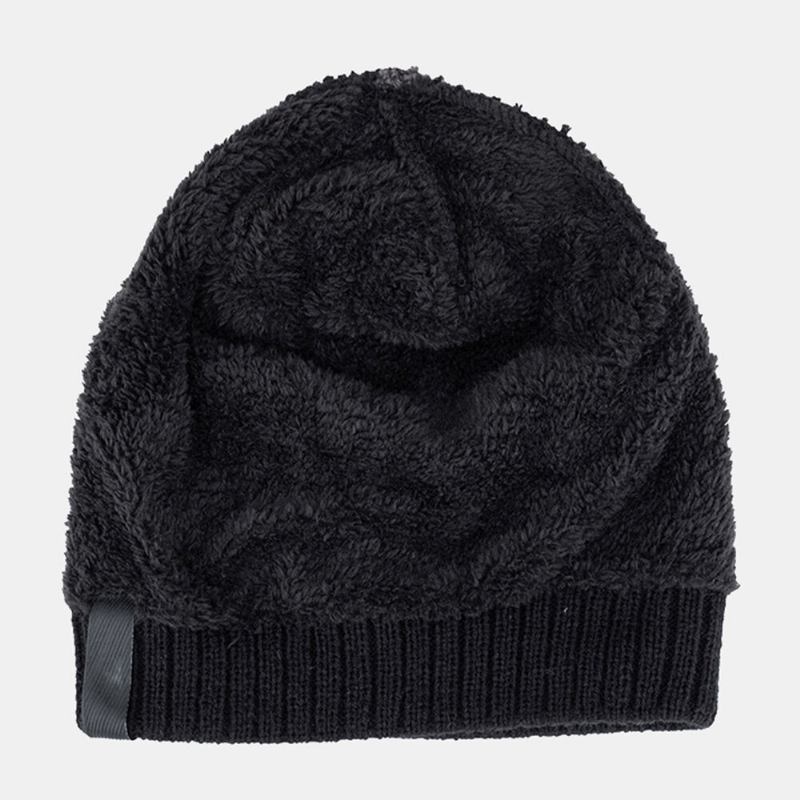 Mænd Akryl Plus Velvet Strikket Kasket Blad Brev Mønster Patch Vinter Udendørs Varme Beanie Hat