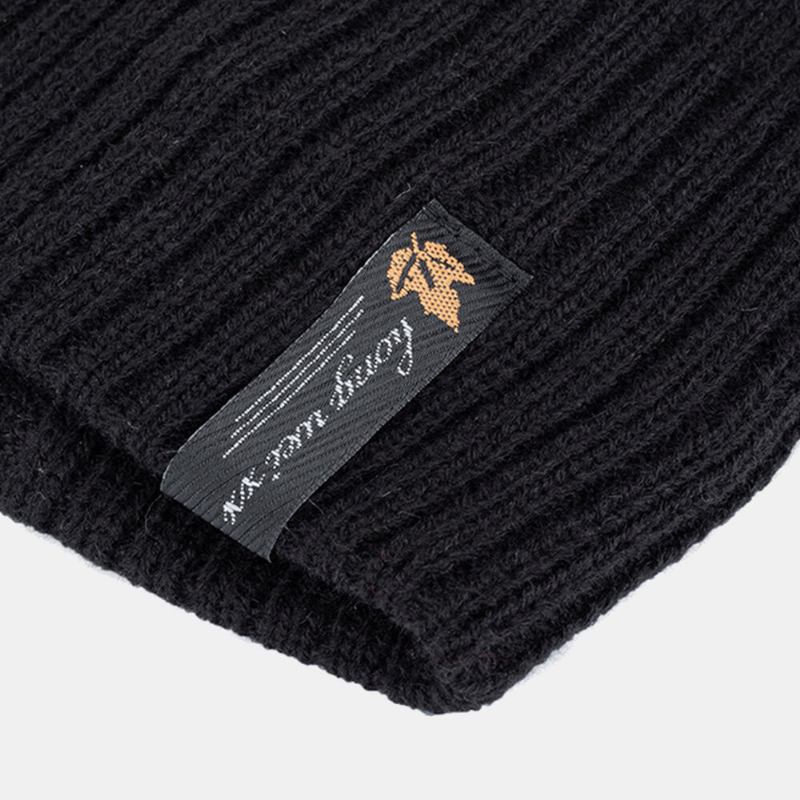 Mænd Akryl Plus Velvet Strikket Kasket Blad Brev Mønster Patch Vinter Udendørs Varme Beanie Hat