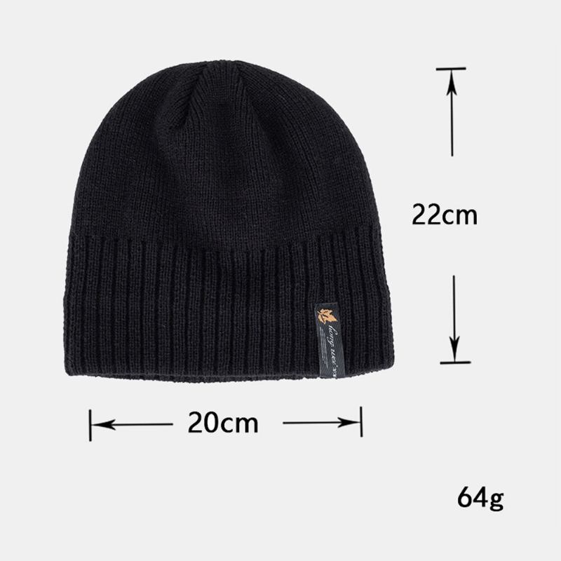 Mænd Akryl Plus Velvet Strikket Kasket Blad Brev Mønster Patch Vinter Udendørs Varme Beanie Hat