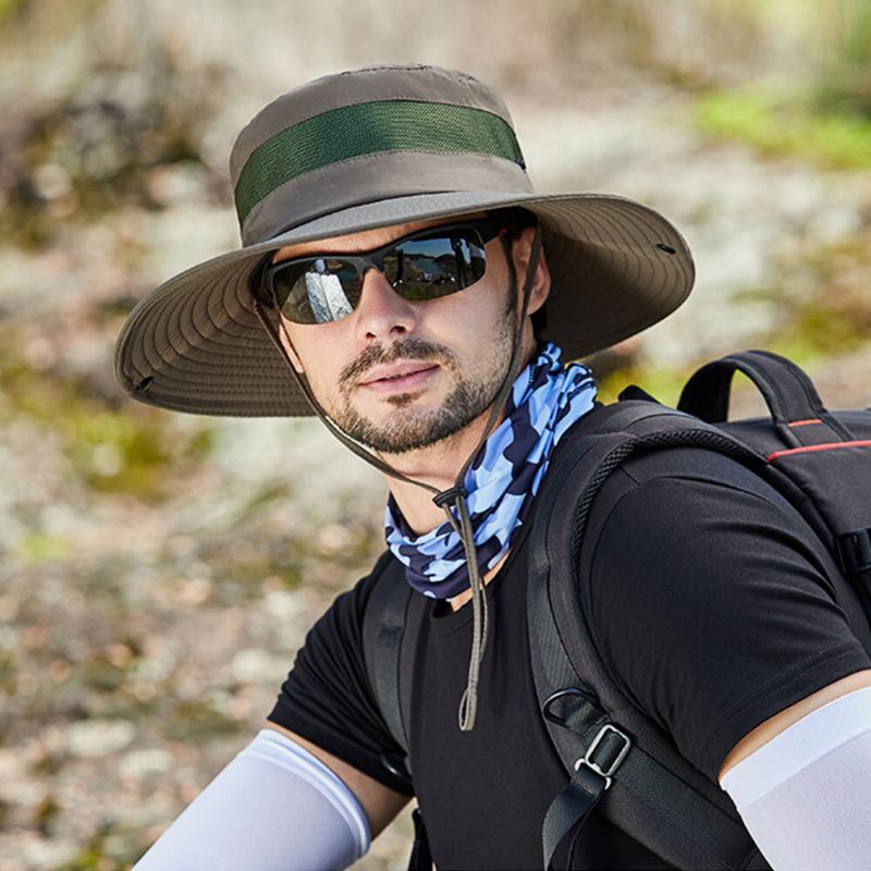 Mænd Åndbar Mesh Big Rim Udendørs Fiskeri Klatring Uv Beskyttelse Solsejl Vandtæt Bucket Hat