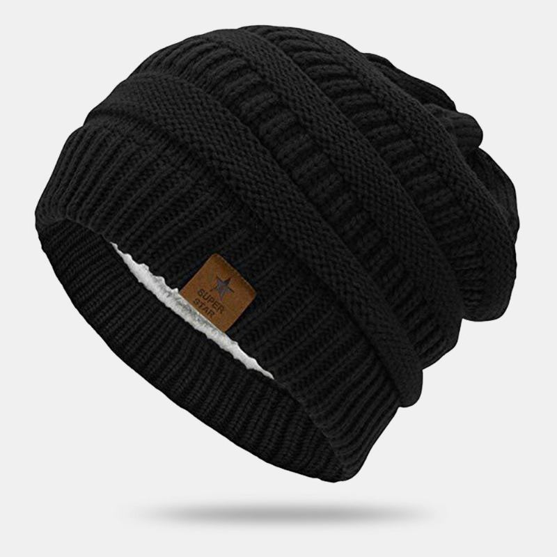 Mænd Beanie Hatte Strikket Plus Velvet Stribet Femtakket Stjerne Letter Label Varme Skull Cap