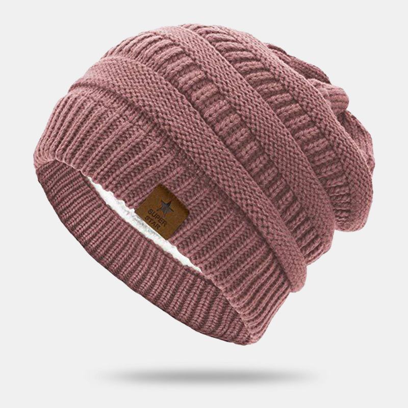 Mænd Beanie Hatte Strikket Plus Velvet Stribet Femtakket Stjerne Letter Label Varme Skull Cap