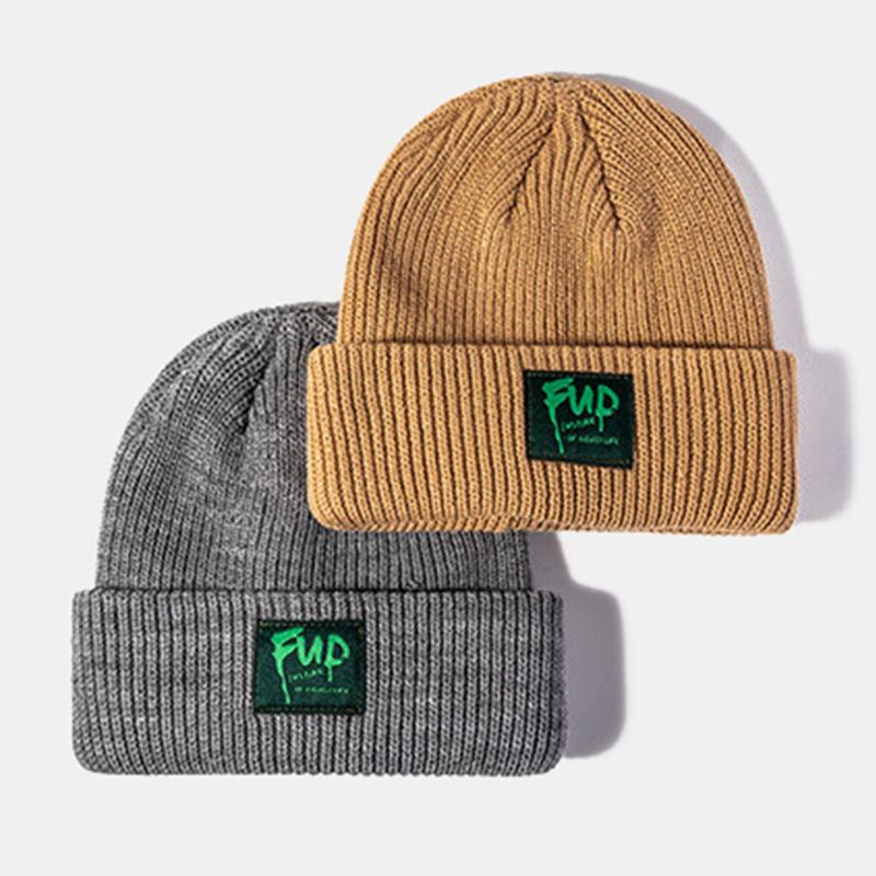 Mænd Beanie Huer Strikket Jacquard Letters Patch All-match Warm Skull Kasket Til Kvinder