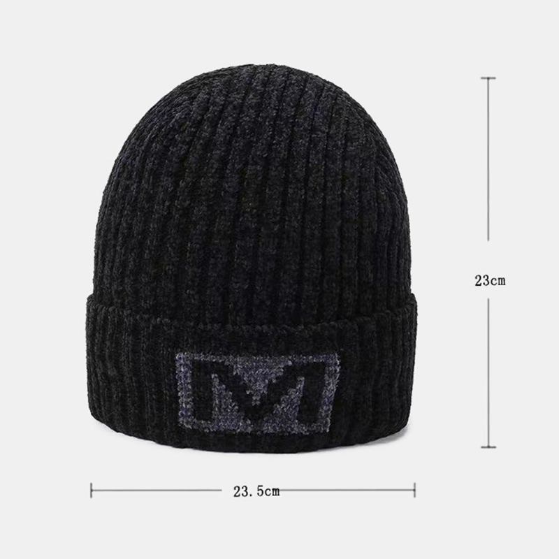 Mænd Bogstavmønster Efterår Vinter Ørebeskyttelse Cool Protection Strikket Hue Elastic Thicken Plus Velvet Warm Huer Beanie Hat