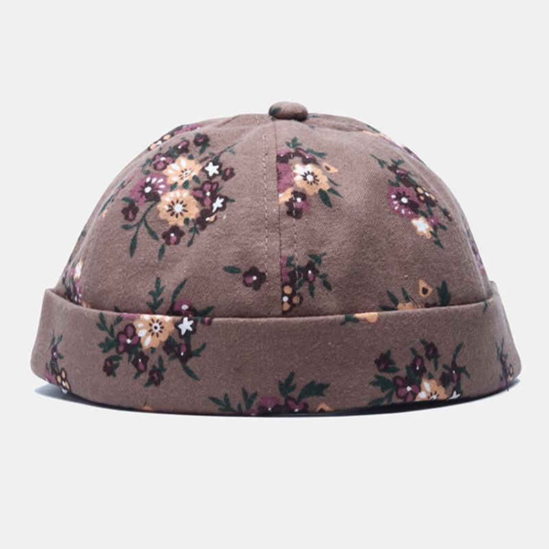 Mænd Bomuld Blomster Mønster Justerbar Retro Casual Crimping Beanie Udlejer Kasket Skull Cap