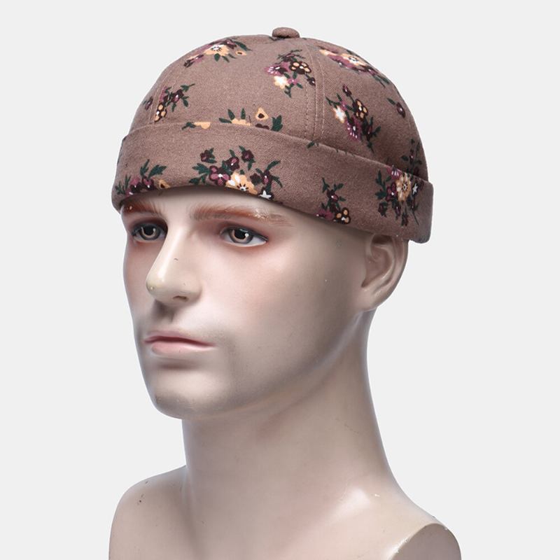 Mænd Bomuld Blomster Mønster Justerbar Retro Casual Crimping Beanie Udlejer Kasket Skull Cap