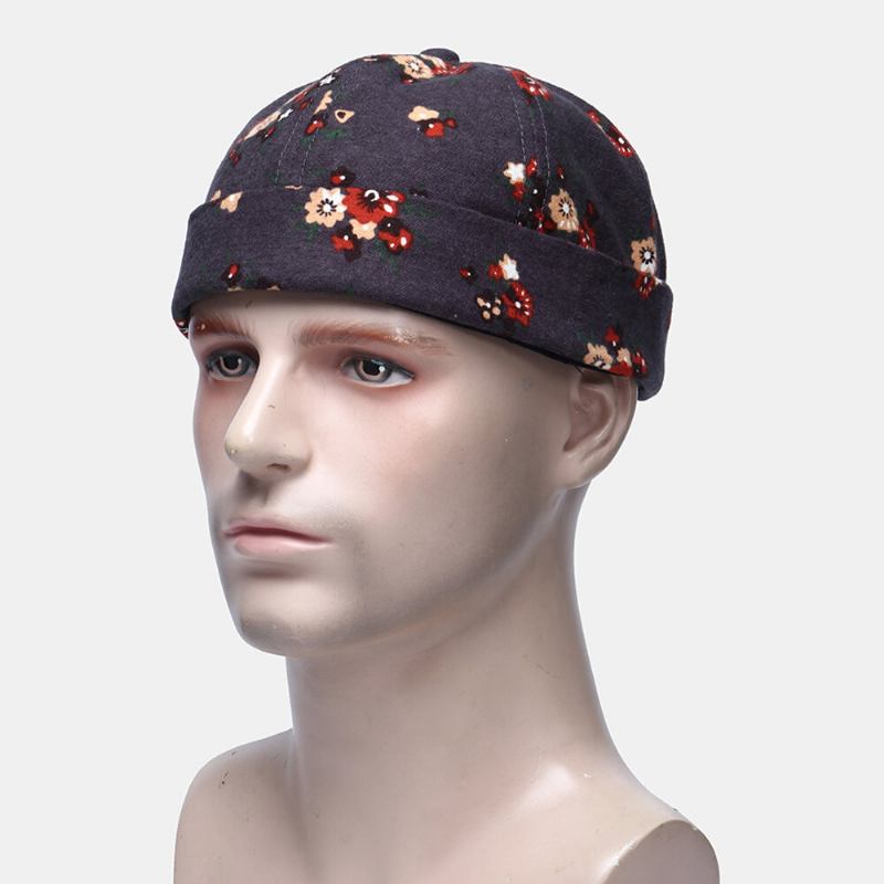 Mænd Bomuld Blomster Mønster Justerbar Retro Casual Crimping Beanie Udlejer Kasket Skull Cap