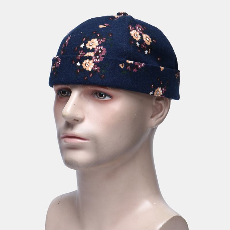 Mænd Bomuld Blomster Mønster Justerbar Retro Casual Crimping Beanie Udlejer Kasket Skull Cap