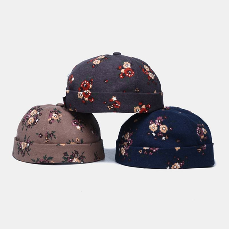 Mænd Bomuld Blomster Mønster Justerbar Retro Casual Crimping Beanie Udlejer Kasket Skull Cap