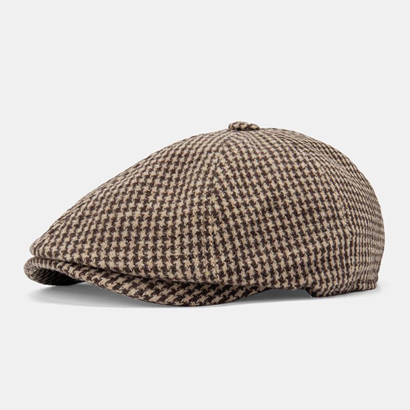 Mænd Bomuld Dacron Houndstooth Mønster Kortskygget Baret Flad Kasket Britisk Retro Ottekantet Hat