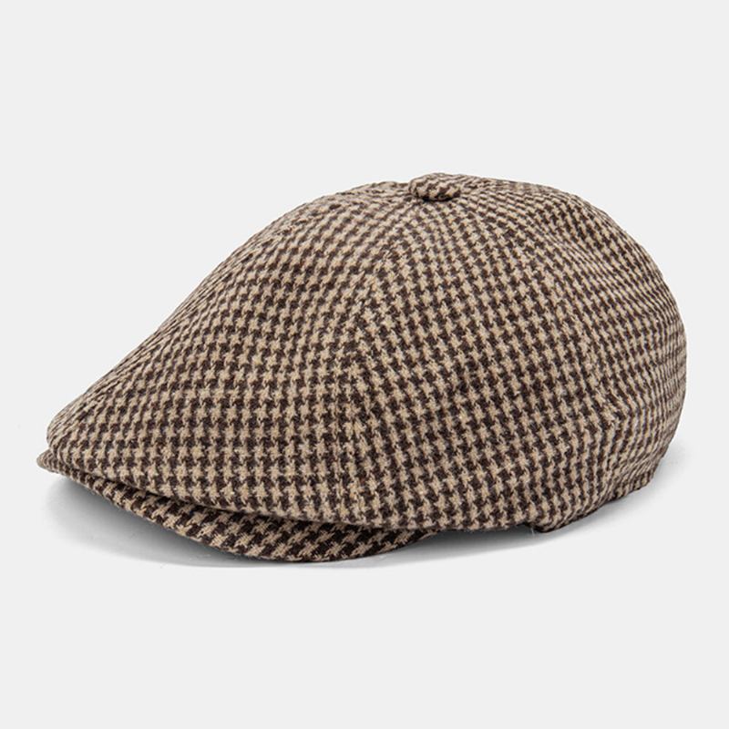 Mænd Bomuld Dacron Houndstooth Mønster Kortskygget Baret Flad Kasket Britisk Retro Ottekantet Hat