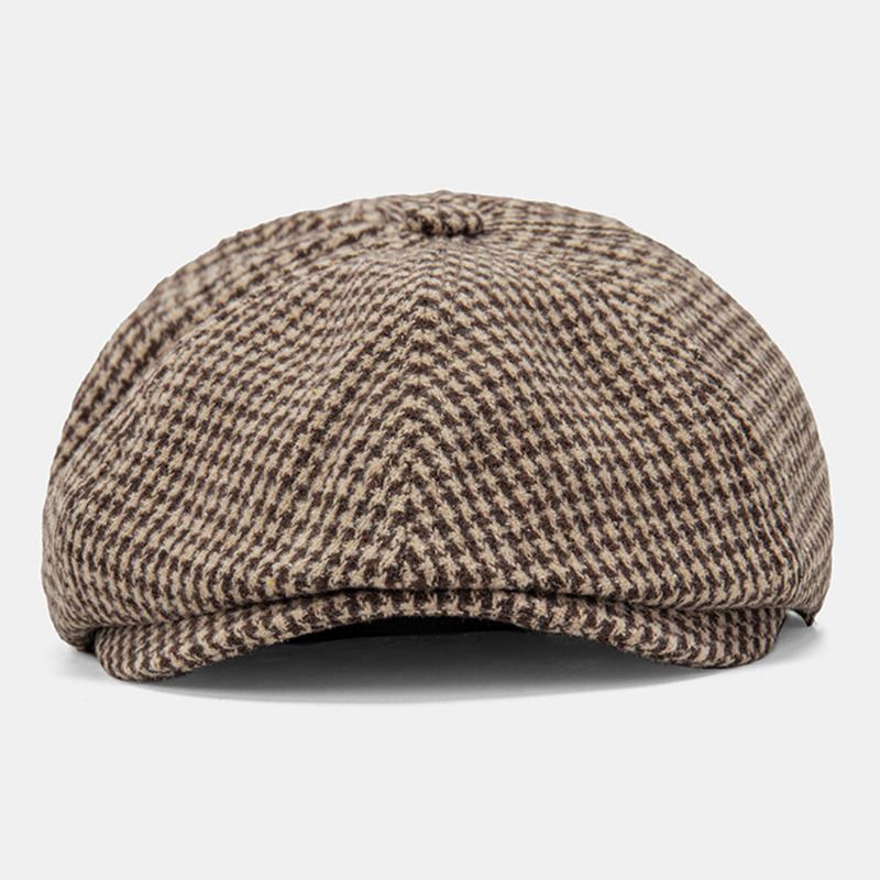 Mænd Bomuld Dacron Houndstooth Mønster Kortskygget Baret Flad Kasket Britisk Retro Ottekantet Hat